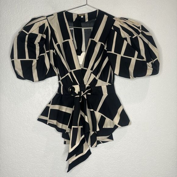 NWT JOHANNA ORTIZ Mastermind Two-tone Puff-sleeve Top In Black/Ecru Size 0 - Picture 3 of 14